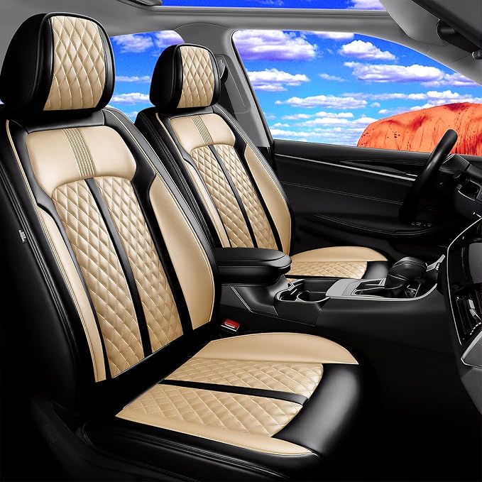 Fit Tahoe Car Seat Covers for Select Chevrolet/Chevy Tahoe 2000-2025 2026 - Full Coverage Leather, Waterproof & All Weather Seat Cushion Protector, Front Pair Black+Beige