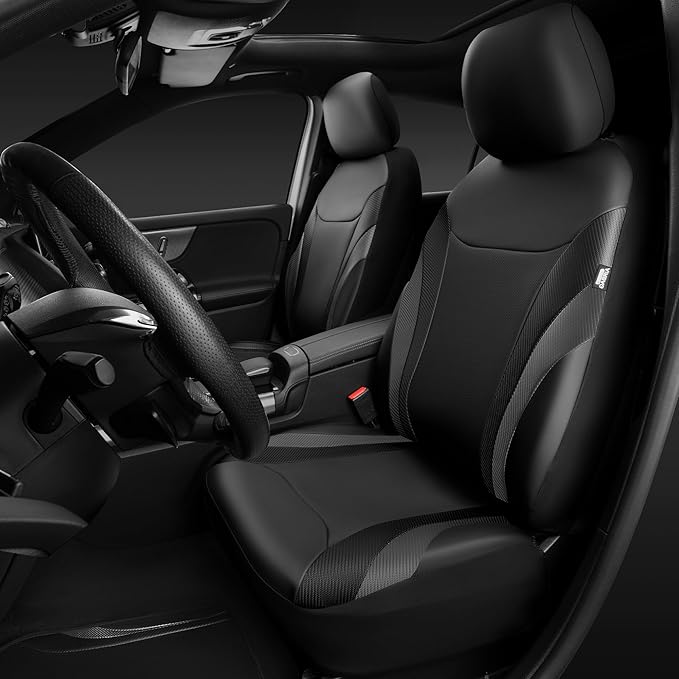 CAR PASS Premium Carbon Fiber Leather Car Seat Covers Full Set and Waterproof Car Floor Mats,Airbag Compatible,Automotive Interior Covers for Sedans,Trucks,Vans,SUV with Car Carpet Mats(Black)