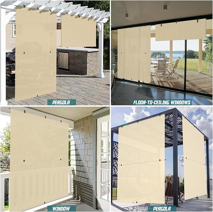Bynbbur 6'W x 13'H Outdoor Patio Shades Foldable Roller Blinds, 220 GSM Sun Shade Roll Up Porch Screens Exterior Shade Cloth for Deck Pergola Backyard, Beige