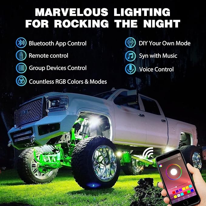 Nilight RGB LED Rock Lights Kit 4 PCS Underglow Multicolor Neon Light Pod with Magnetic Base Bluetooth App Control Flashing Music Mode IP68 Wheel Well Light for Truck ATV UTV RZR SUV