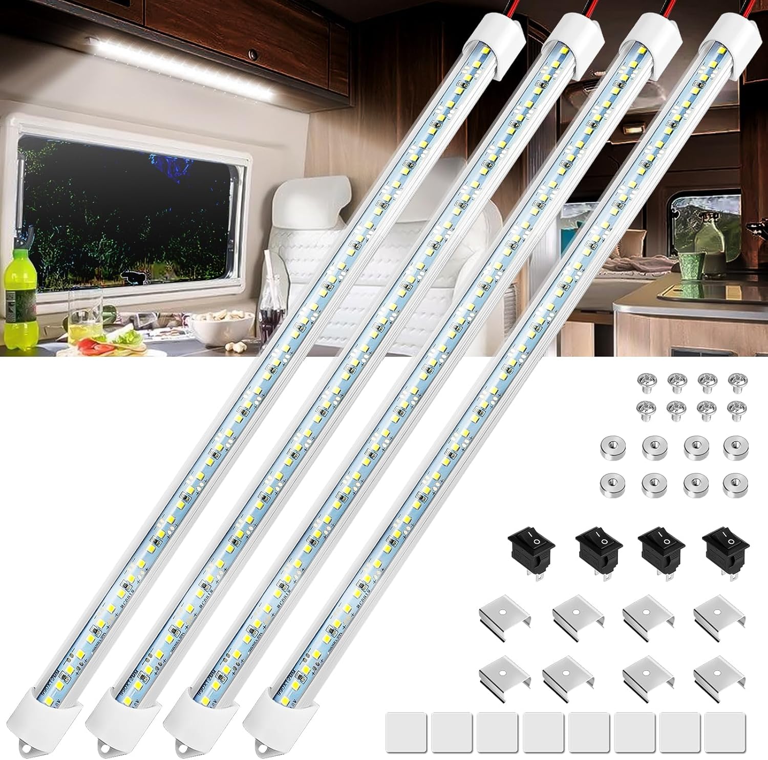 Linkstyle 4PCS 12V Interior LED Light Bar, Super Bright 6500K 12V LED Light Strip Lights with Switch, 48 LEDs 700LM Enclosed Trailer Lamp for Car Truck Camper Van RV, White
