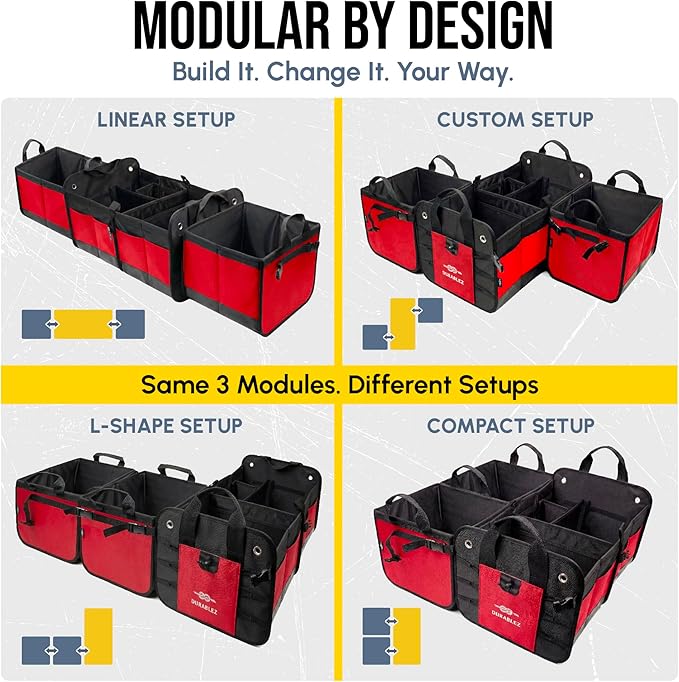 XL Trunk Organizer 4-Section Modular System – Extra Large Car Cargo Storage, Foldable Multi-Compartment Bin for Groceries, Gear & Travel – High-Density Structure – Red