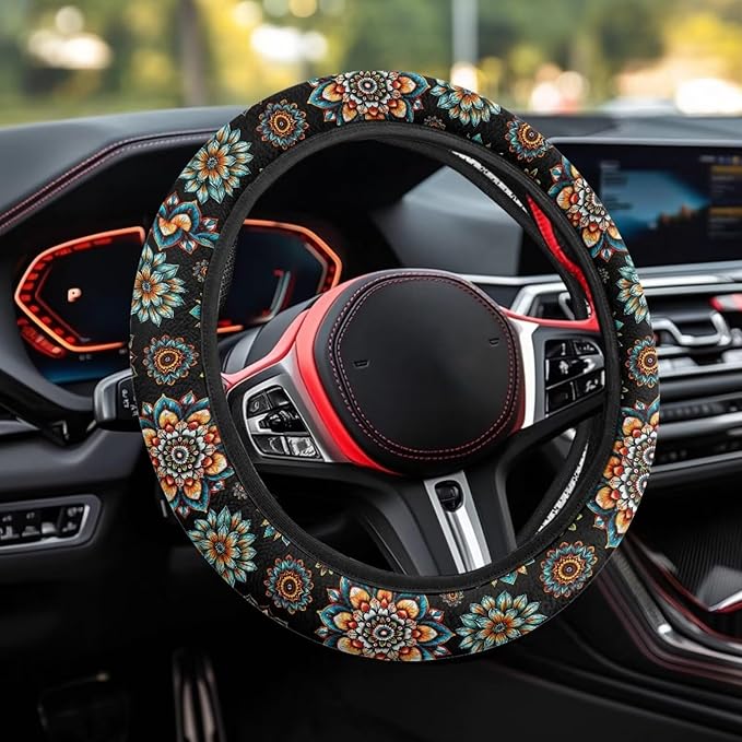 AFPANQZ Bohemia Flower Steering Wheel Covers 14-15" inch Universal Fit Most Car Sedans SUVs Comfort Grip Comfortable Handmade Breathable Steering Wheel Protector