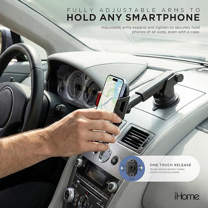 iHome Car Mount, Dashboard/Windshield/Vent Mount, Swivel Neck, Silicone Grip, Adjustable Mount Arm with Suction Cup Base (Adjustable Arm Car Mount)