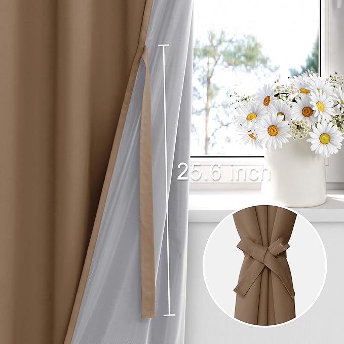 XWZO 100% Blackout Curtain Panels - Thermal Insulated Black Liner Curtains, Noise Reducing and Heat Blocking Drapes for Hall and Studio Windows with Tiebacks, Cappuccino, W42 x L84, Set of 2