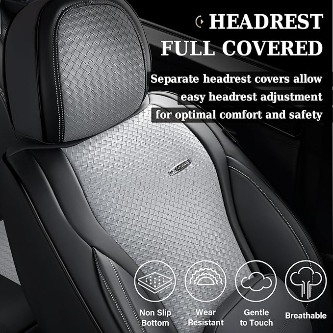 Coverado Seat Covers, Car Seat Covers Front Seats, Waterproof Nappa Leather Auto Seat Cover with Lumbar Head Pillow, Black Gray Seat Covers Carseat Cover Universal Fit for Most Cars