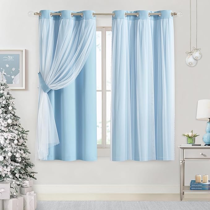 Bujasso Sky Blue 80% Blackout Curtains with Sheer Overlay Mix and Match Double Layer Thermal Insulated Window Panels 63 inch for Living Room Bedroom Blue Drapes with Tiebacks Grommet Top 37" Wx63 Lx2