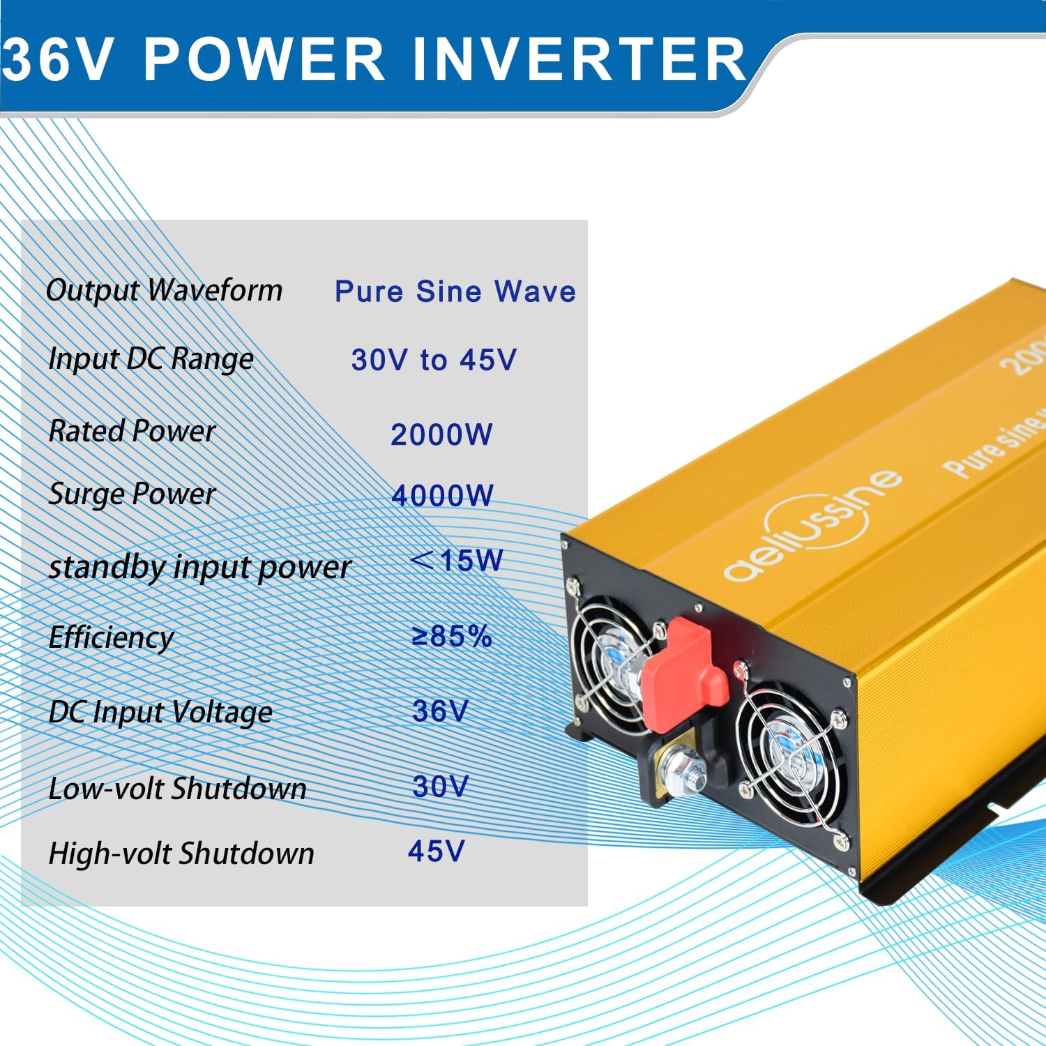 2000W Pure Sine Wave Inverter-36V DC to 110V 120V AC Power Converter with 2 AC Outlets, 36 Volt Power Inverter for Truck, Rv, Camping, Home, Emergency Power