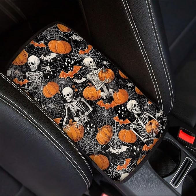 Halloween Pumpkin Skull Car Armrest Pads Car Armrest Cushion Arm Rest Covering Car Middle Console Covers Non Slip for Truck Auto SUV Car Accessories