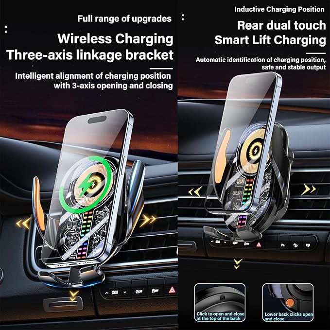 Wireless Car Charger Mount Cell Phone Holder Car - Auto Clamping 3-Axis Adjustable Phone Mount for Car Vent with 15W Fast Charging and Ultra-Thin Design Slim Profile for iPhone 16 Pro Max 16 15 14