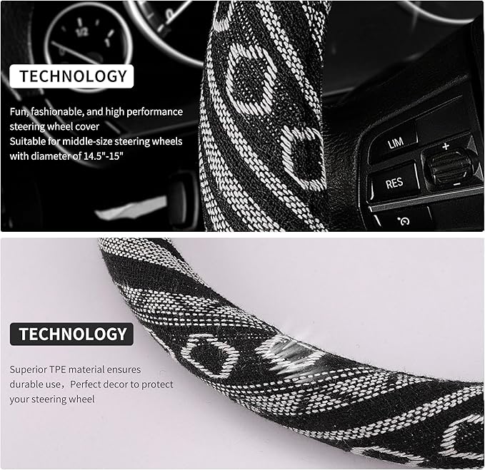 GXT 15 inch New Baja Blanket Car Steering Wheel Cover Universal Fit Most Cars Automotive Ethnic Style Coarse Flax Cloth (Black White)