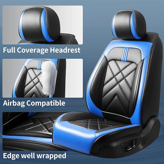 Car Seat Covers Fit for Mazda 3 2007-2026, Premium Leather, Full Coverage Leather Waterproof Breathable Seat Covers, Automotive Seat Protectors, Airbag Compatible(Full Set Seats, Black-Blue)