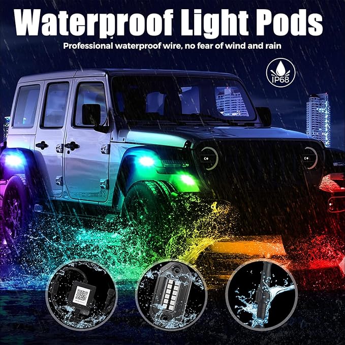 RGB LED Rock Lights Kit, 4 pods Multicolor Neon Light with Bluetooth App/Remote Control Flashing Music Mode, Aluminum Metal, IP68 Waterproof, 12v for Truck ATV UTV SUV