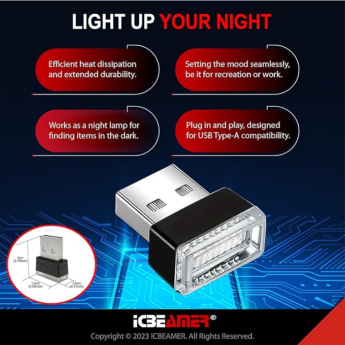 ICBEAMER USB Type-A LED Night Light 1-Pack (Blue) | Plug-in Universal Fit Automotive Accessory for Car Interior and Trunk Ambient Atmosphere Lighting