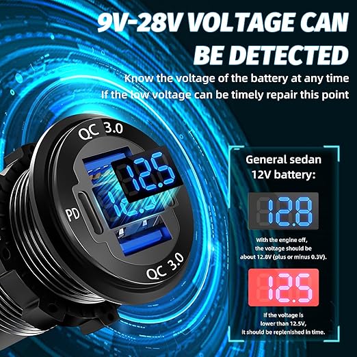 12 Volt USB Charger, 12v USB 4-Port Aluminum Alloy USB C Outlet with LED Voltmeter,Dual PD3.0 & QC3.0 for 12/24V Car Golf Cart Boat Marine Bus Truck RV Marine Motorcycle etc (Pack of one)