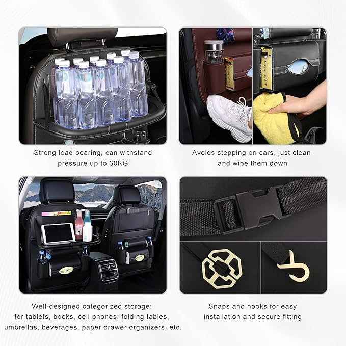 2PCS Car Backseat Organizer, Leather Multi-Pocket Seat Back Protector with Foldable Table Tray, Multifunctional Vehicle Storage Organizer Kick Mat for Kids Toddler Travel (Beige)