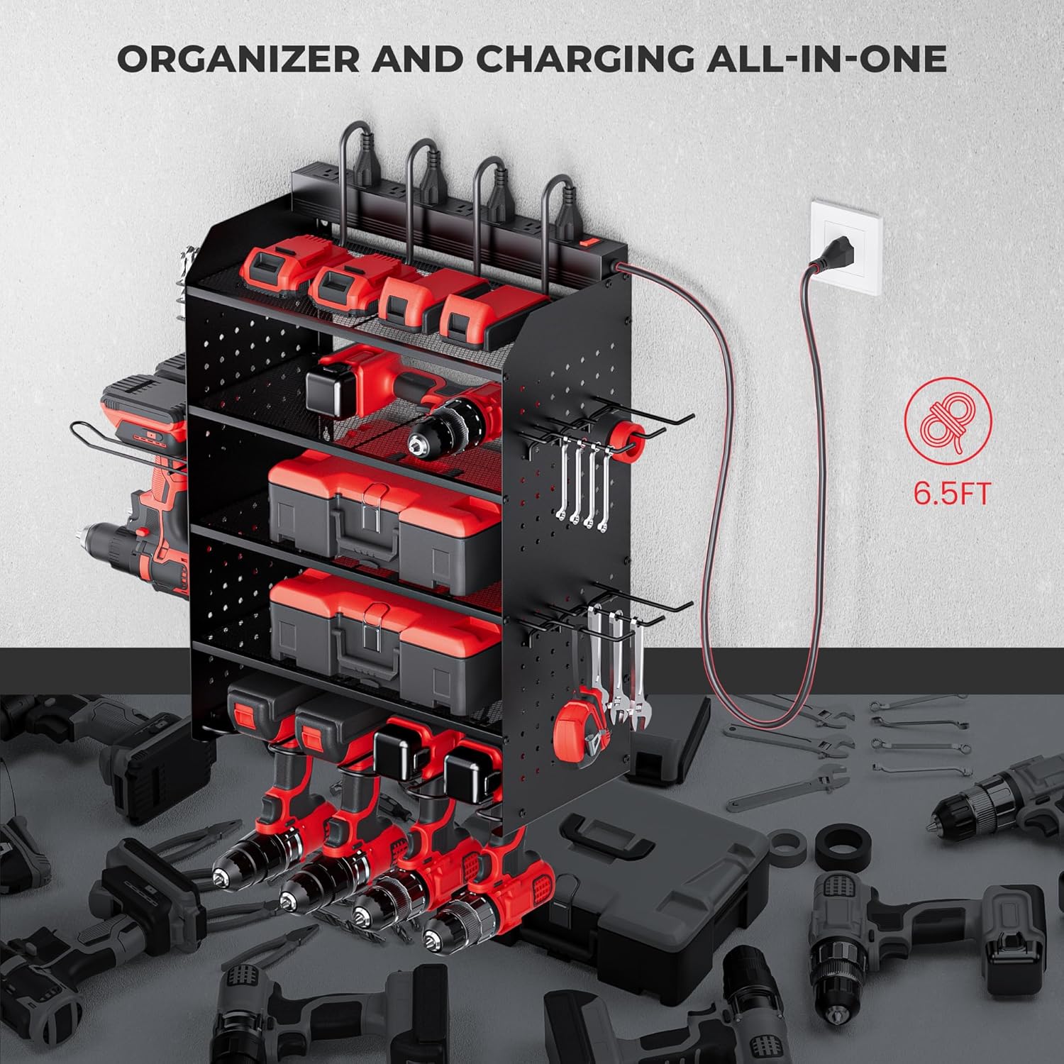 TRZZ Power Tool Organizer Wall Mount, 5-Layer Charging Station with 8 Outlets, 6 Drill Holders, 2 Side Pegboards, and Drill Bit Rack for Garage, Workbench, and Workshop (Black)