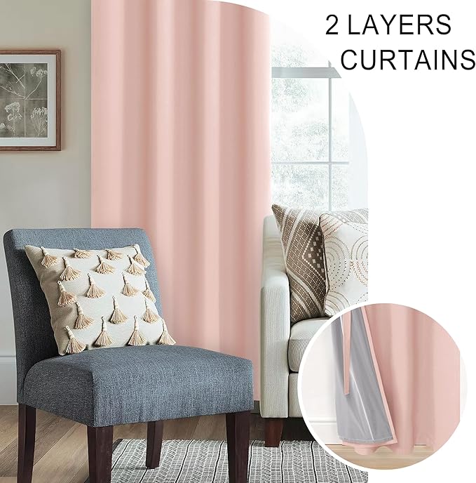 XWZO 100% Blackout Curtains with Tiebacks- Double Layer Total Shading Window Treatment Thermal Insulated Lined Drapes with Grommets for Bedroom/Patio Door, Blush Pink, W52 x L54, Set of 2 Panels