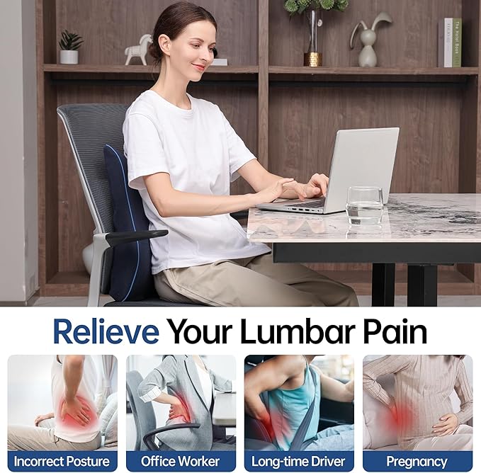 Lumbar Support Pillow for Office Chair, Back Support Pillow with Memory Foam, Relieves Back Pain, Removable Washable Cover & Adjustable Strap, for Car/Gaming Chair,Gift-Navy Blue