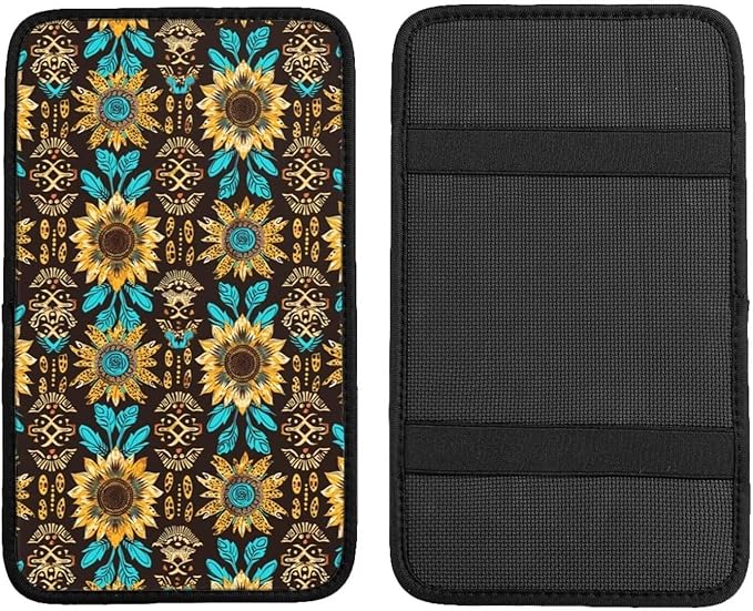 Car Center Console Cushion Pad Vintage Sunflower Yellow Universal Armrest Seat Box Cover Protector Aztec Floral Leopard Car Decor Accessories Fit for Vehicle, SUV, Truck, Sedans