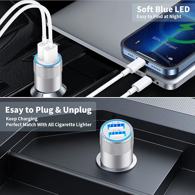 【MFi Certified】iPhone Car Charger Fast Charging, Rombica 4.8A Dual USB Smart Power Cigarette Lighter USB Car Charger with 2Pack Lightning Cable for iPhone 14 13 12 11 Pro XS Max XR SE X 8 iPad AirPods