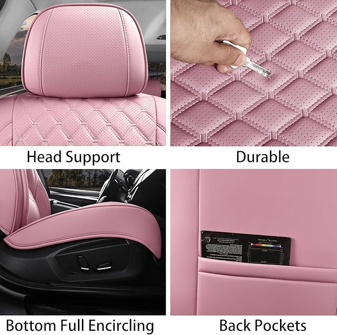 Car Seat Covers Full Set Pink, Luxury Faux Leather Car Seat Covers Waterproof Non-Slip Seat Protector Universal Fit for Most Cars SUVs Trucks Pick-ups, Cute Pink Car Accessories for Women