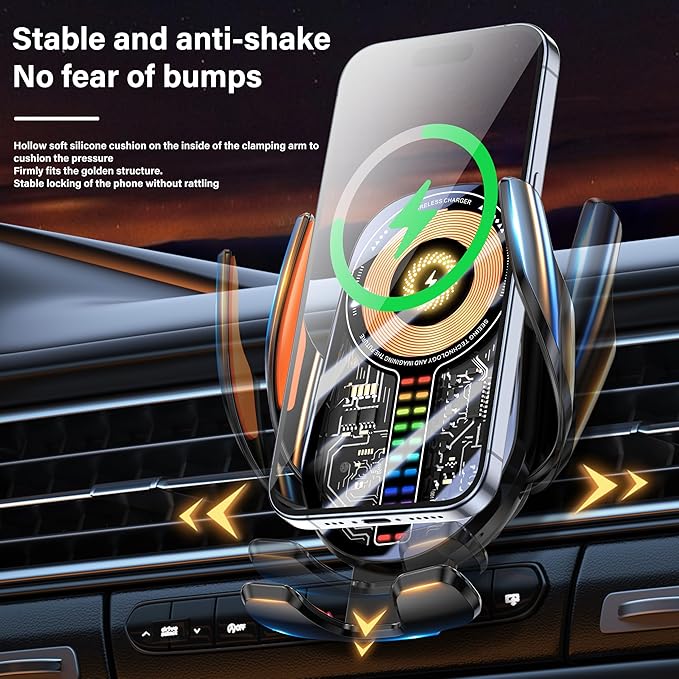 Wireless Car Charger Mount Cell Phone Holder Car - Auto Clamping 3-Axis Adjustable Phone Mount for Car Vent with 15W Fast Charging and Ultra-Thin Design Slim Profile for iPhone 16 Pro Max 16 15 14