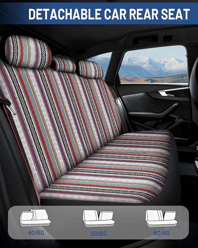 Baja Saddle Blanket Car Seat Covers Front Set with Seat Belt Pads, Washable Breathable Striped Woven Cloth Seat Covers for Cars, SUV, Truck, Airbag Compatible(Red)