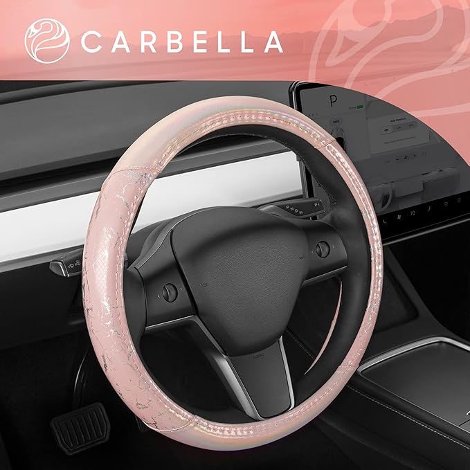 Carbella Pink Holo Bling Steering Wheel Cover, Standard 15 Inch Size Fits Most Vehicles, Cute Shiny Crackle Car Steering Cover with Holographic Foil Glitter Like Detail, Car Accessories for Women