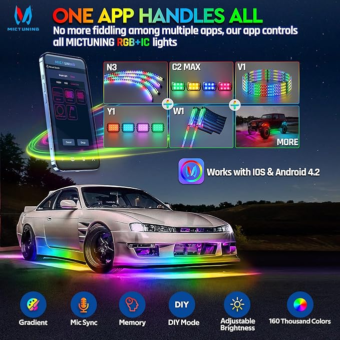 MICTUNING N3 Car Underglow Light Strip Kit, Chasing Dream RGB+IC LED, Exterior Lighting Accessories Underbody Multicolor Neon Accent Light Bar, App Control, IP68 Waterproof, 4PCS 2 Years Warranty