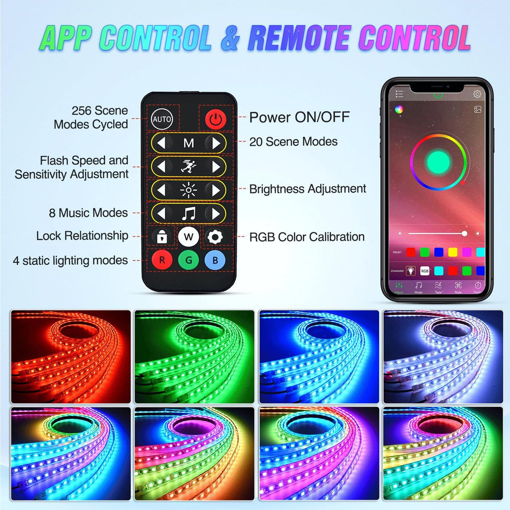 Nilight 6Pcs Car Underglow Neon Accent Strip Lights 300 LEDs Multi Color RGB-IC DIY Sound Active Function Music Mode with APP Control and Remote Control Underbody Light Strip
