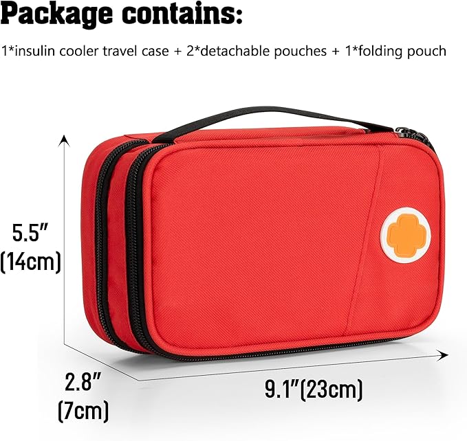 CURMIO Insulated Insulin Cooler Travel Case, Double Layer Diabetic Supplies Storage Bag with Detachable Pouches for Insulin Pens, Diabetic Medication and Ice Packs, Red, Empty Bag Only