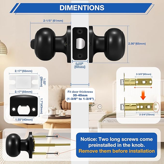 Plustool 5 Pack Matte Black Door Knobs, Privacy Door Knob with Lock, Interior Doorknobs with Round Ball, Keyless Door Lockset for Bedrooms Bathrooms