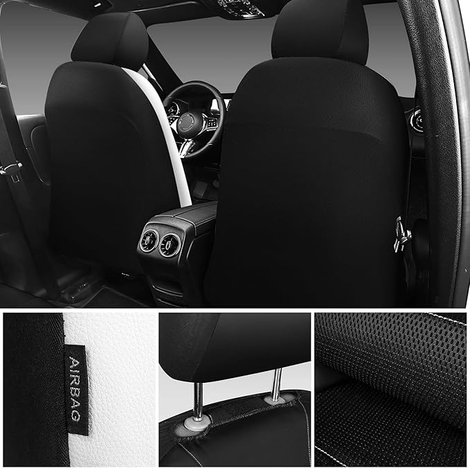 CAR PASS Universal Leather Car Seat Covers Full Set with Sporty Design, Breathable All Season Easy to Clean Anti-slip Wear-Resistant Automotive Seat Covers Fit for Most Cars, SUVs, Trucks, Black White