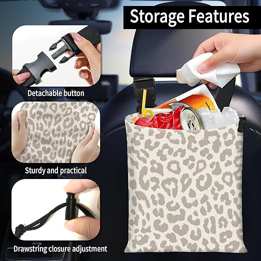 Car Trash Bag Large Hanging Can for Back of Seat, Cute Waterproof Car Garbage Bag for Vehicle, Travelling, Outdoor Cute Gray Leopard