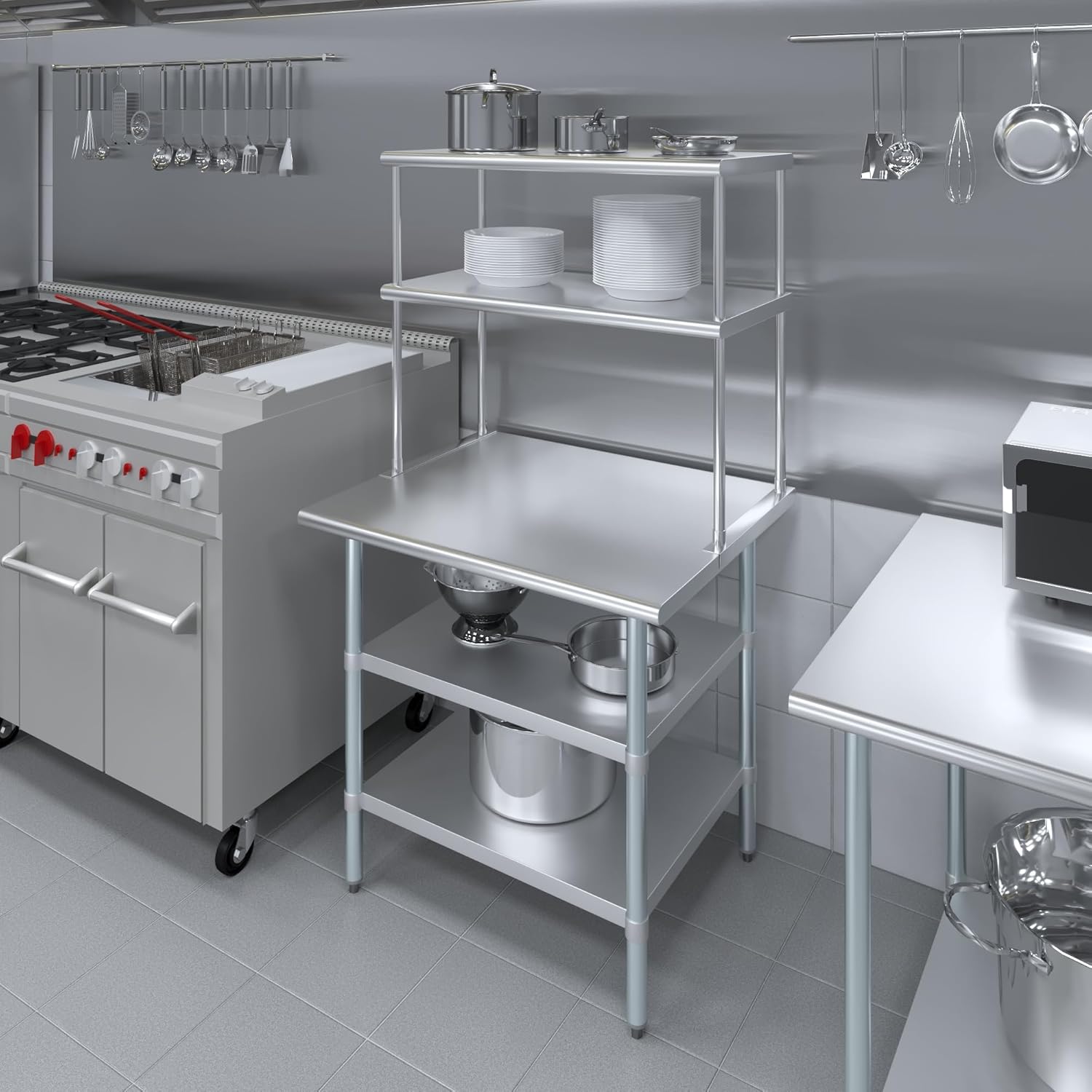 Amgood Stainless Steel Work Table with 2 Shelves | Metal Kitchen Prep Table & Shelving Combo (30" x 36" Table with 2 Shelves + 18" Overshelf)