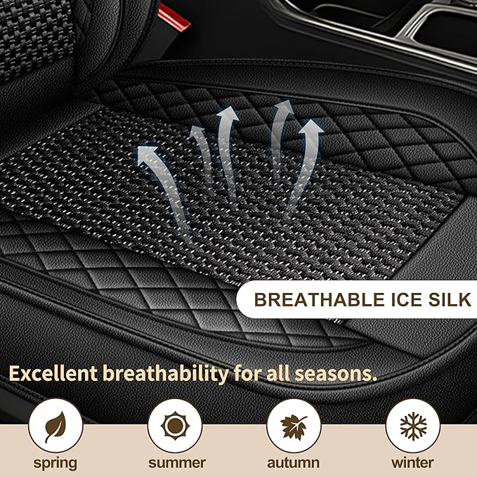 TTX LIGHTING for Jeep Renegade 2015-2023 Car Seat Covers, Breathable Ice Silk & Leather Seat Protector, Cool & Anti-Sweat for Long Driving, Airbag Compatible, 2 Front Seats (Black)