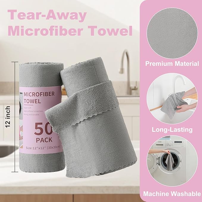 Jessy Home 2 Roll Reusable Paper Towels,100 Sheets Tear Away Microfiber Cleaning Cloth, Lint Free Cleaning Rags for Kitchen, Dishcloth,Household Cleaning Supplies
