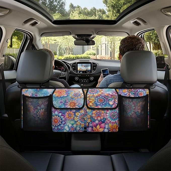 Car Trunk Organizer Boho Mandala Floral Flowers Back Seat Car Organizer with Adjustable Straps for Women Car Backseat Trunk Organizer