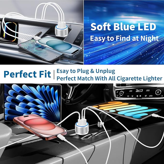 [Apple MFi Certified] iPhone 17 Car Charger, Rombica 3-Port 67W Dual USB-C&USB-A Car Power Cigarette Lighter PD/QC Type-C Fast Car Charger with Type-C Cable for iPhone 17/17 Pro Max/16 Pro/15 Pro/iPad