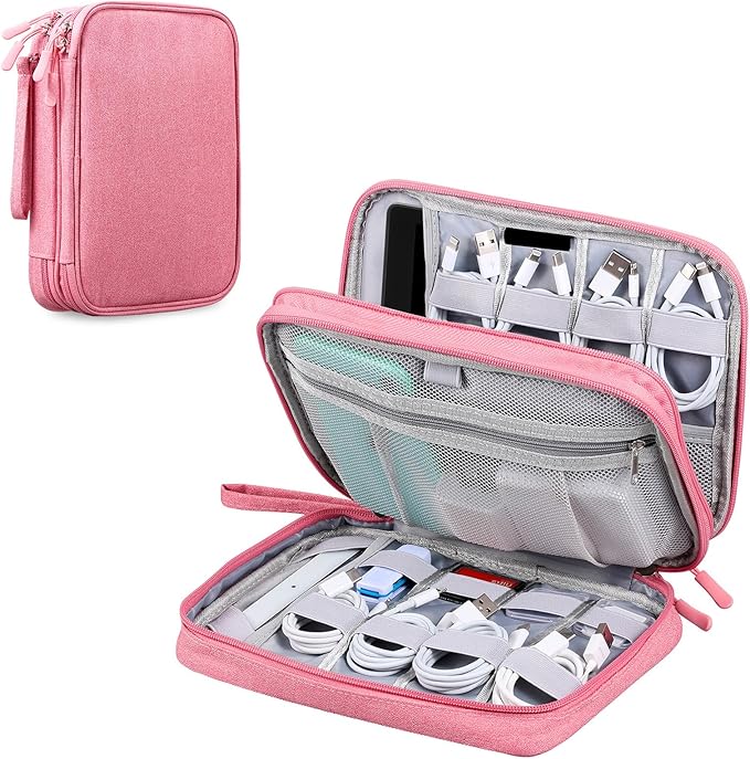 DDgro Electronic Cable Organizer Bag, Large Travel Cord Storage Case for Charger, Power Bank, Cables & Tech Accessories (Large, Dark Pink)