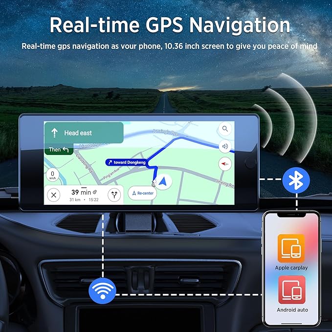 ASLONG 10.36" Wireless CarPlay Screen for Car & 4K 4CH Dash Cam with Android Auto, Portable HD Touchscreen Car Stereo with 1080P Backup Camera, GPS Navigation Mirror Link for Semi Trailer Truck