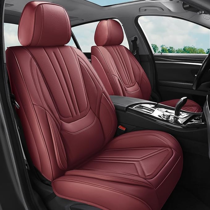 Car Seat Covers, Premium Leather Car Seat Covers, Waterproof and Breathable Seat Covers, Universal Car Seat Protector Fit for Cars, Trucks, SUVs, Pick-ups (Wine Red, 2 PCS Front Seat)