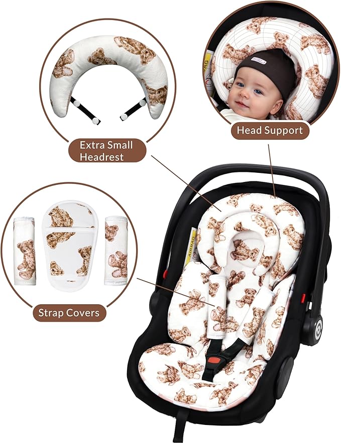 Infant Car Seat Insert with Removable Cushion for Preemie to Toddler, Reversible Newborn Carseat Insert for Baby Head Body Support, Fits for Stroller, Baby Swing, Bouncer (Teddy Bear)