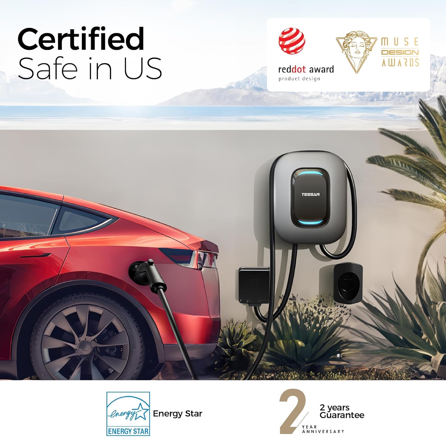 TESSAN Level 2 EV Charger, Hardwired Electric Vehicle Fast Charging Station, 48A/240V Smart Equipment App Control Wi-Fi （Only 2.4Ghz）& Bluetooth, 25ft Cable with Holder for Indoor Outdoor Home