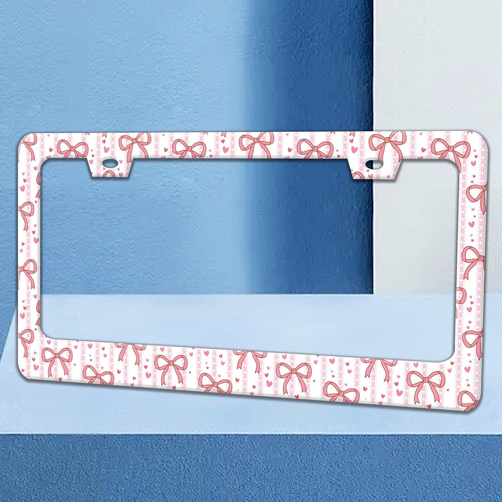Pink Bow License Plate Frame Cute Bow License Plate Holders Funny Stainless Steel Auto Accessory Bracket 2 Hole with Screws Universal Us Car License Plate Frames 6x12 Inch for Women Men