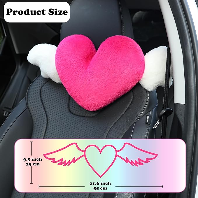 2 Pack Heart Shaped Cute Car Headrest Pillow with Angel Wings - Comfortable Soft Head Rest Cushion Kawaii Car Accessories Neck Pillow for Driving Travelling Office Home Decor - Rose Red Love Heart