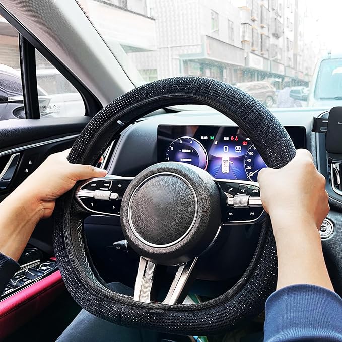 Steering Wheel Cover for Women Boho Universal Steering Wheel Covers Protector Car Accessories for Car 15 inch (Bling Black)
