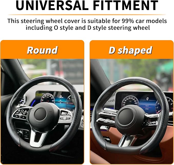 Carbon Fiber Steering Wheel Cover, Universal 15 Inch Snap On Car Steering Wheel Cover for Men/Women, Comfortable & Breathable Microfiber Car Accessories Interior (Black)