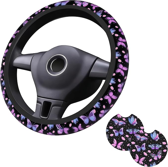 Purple Butterfly Steering Wheel Cover - Beauty Butterfly Wheel Cover Anti-Slip Breathable Universal for 15 Inch Car Steering Wheel Cover with 2 Pieces Car Coasters Suitable for Men Women